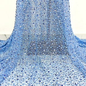 Heavy beaded lace fabric,blue sequined floral tulle fabric,3D sequined floral fabric,mesh fabric,dress fabric