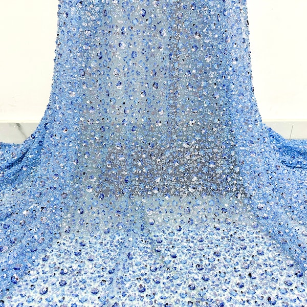 Heavy beaded lace fabric,blue sequined floral tulle fabric,3D sequined floral fabric,mesh fabric,dress fabric