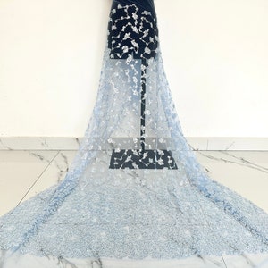 Light Blue Heavy Beaded Tulle Fabric,Fashion Beaded Fabric,DIY Wedding Bridal Evening Dress Costume Design, Sequined Mesh Fabric