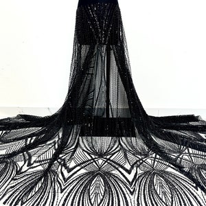 Black sequin beaded lace fabric, wedding sequin tulle fabric, party dress, costume design, mesh, lace fabric