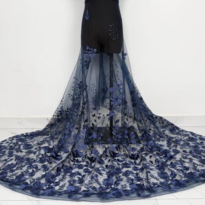 blue dress with black lace on top Lace Overlay Holiday Maxi Dress