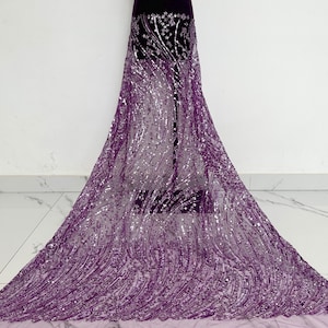 Purple Beaded Lace Fabric, Sequined Tulle Fabric, Party Dress Lace, Fashion Clothing Fabric, Mesh Fabric 1 Yard