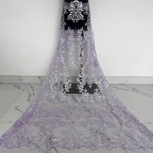 Purple Sequined Floral Lace Fabric, Beaded Fabric,For Wedding Dresses Sold From One Yard