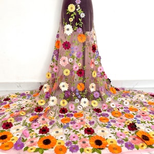 3D colorful flower lace fabric,embroidered flower tulle fabric,dress fabric,veil fabric,wedding material,mesh fabric