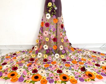 3D colorful flower lace fabric,embroidered flower tulle fabric,dress fabric,veil fabric,wedding material,mesh fabric