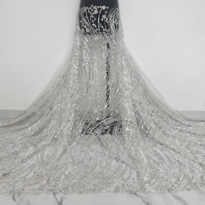 Off-White Pailletten Brautspitze Stoff, Perlen Tüll Stoff, Für Kleider, Tutu Kleid, Abendkleid, Party, Mesh Spitze 1 Yard