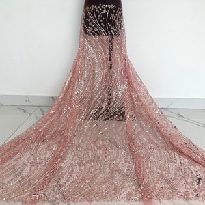 Heavy beaded lace fabric, pink sequined tulle fabric, mesh fabric, DIY wedding bride evening dress clothing handicrafts