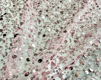Pink sequin lace fabric, fashion beaded tulle fabric, DIY dress fabric, high-end clothing fabric, mesh fabric