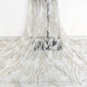 Soft tulle lace fabric,beaded sequin lace fabric,sequin embroidered haute couture wedding evening dress fabric,mesh fabric