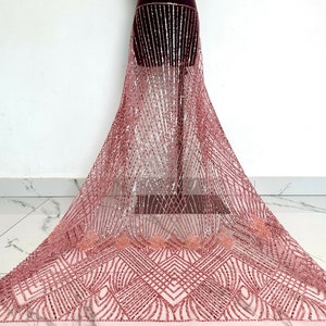 Pink sequin lace, sequins and beads mesh lace, fashion clothing fabrics, dress fabrics, tulle fabrics