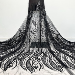 Black heavy bead lace fabric,Sequin Lace,Dress Fabric,Sparkling Sequin,Dancing Gown Fabric,Embroidered Fabric,Fashion Fabric,lace fabric