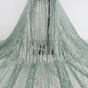 May include: A close-up of a light green fabric with silver sequins. The sequins are arranged in vertical lines, creating a shimmering effect.