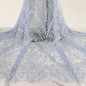 Blue Flower Beaded Lace Fabric,3D Sequin Flower Tulle Fabric,Beaded Fabric,Dress Fabric,Diy Designer Clothing Fabric,Bridal Tulle Fabric