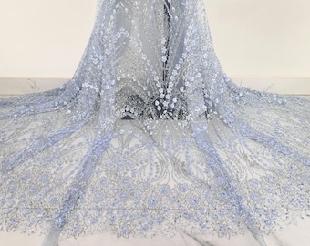 Tela de encaje con cuentas y flores azules, tela de tul con lentejuelas 3D, tela con cuentas, tela para vestidos, tela de diseñador para manualidades, tela de tul para novias