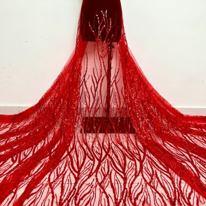 Tissu en dentelle à paillettes rouge, résille de dentelle perlée, tissu en tulle pour robe de mariée, tissu pour vêtements, résille de créateur, matériau