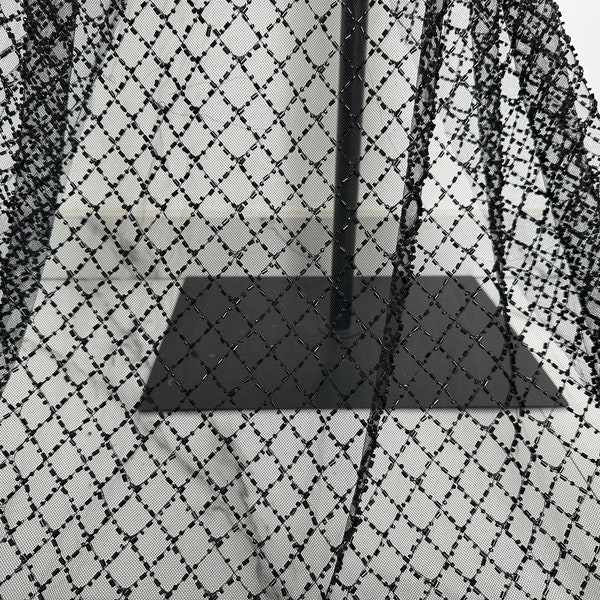 New black beaded plaid tulle fabric, dress mesh fabric, fashionable tube beaded mesh lace, DIY materials