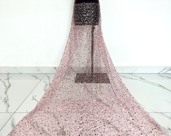 Pink sequin fabric, heavy sequin fabric, mesh embroidered fabric, suitable for bridal gown, wedding dress, prom dress, tulle fabric