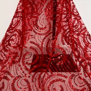Red irregular beaded sequin lace fabric, sequin mesh fabric, party dress fabric, designer mesh lace
