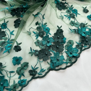 3D Flower Tulle Fabric,Embroidery Fabric,Green Bead Lace Fabric,Prom Dress Fabric,By The Yard