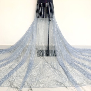 Light blue heavy sequined beaded fabric, lace fabric, beaded fabric, dress fabric, clothing fabric, lace mesh, tulle fabric