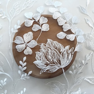 Soft Embroidered Flower Lace Fabric,White Leaf Tulle Fabric,Tulle Fabric,Mesh Fabric,Sequin Fabric,Bridal Dress Fabric,Glitter Lace