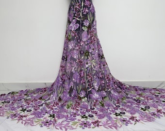 Purple Embroidered Sequined Flower Fabric,Fashion Dress Fabric,Tulle Fabric, Sequined Mesh Fabric,Clothing Fabric,Designer Mesh,Diy Material