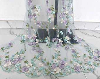 Green 3D Floral Lace Fabric,Bead Mesh Fabric,Embroidery Flower Fabric,Dress Fabric,Wedding Lace Fabric,Women  Dress Fabric Sell By The Yard