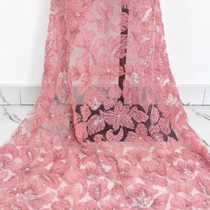 Morbido tessuto di tulle floreale, tessuto con perline di paillettes per abiti da sposa, tessuto di pizzo di tulle di paillettes, rete di pizzo venduta tagliata su misura, tessuto di tulle
