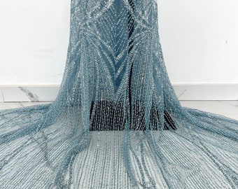 Tela de encaje con cuentas de lentejuelas azules, tela de tul con lentejuelas para vestido de novia, vestido de fiesta, diseño de vestuario, malla, tela de encaje de 1 yarda