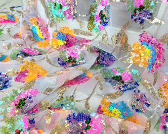 Multicolored sequined floral tulle fabric,party dress fabric, dress fabric,mesh fabric