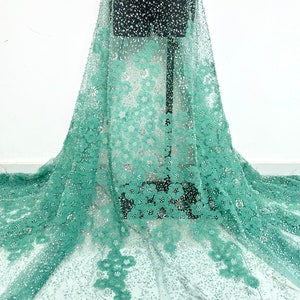 Tecido de tule floral verde, tecido de renda com lantejoulas, tecido de flores 3D, roupas artesanais para vestidos de noite de noiva faça você mesmo