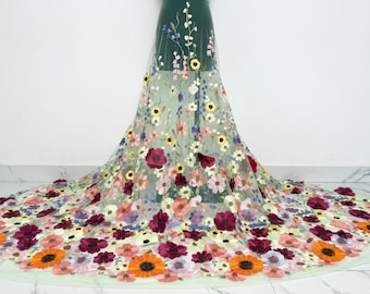 Flower Dress Fabric，3D Flower Fabric，bridal Dress Fabric，Colorful Embroidered Flower Fabric, Tulle Fabric，Decorative Material Fabric