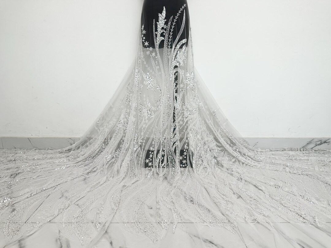 beaded material for wedding dresses Luxury Beaded Lace Fabric for Elegant Wedding Dresses