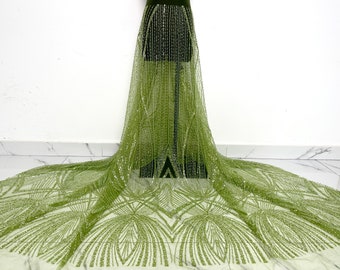 Green sequin beaded lace fabric,heavy beaded tulle fabric,DIY wedding bridal evening dress clothing,beaded fabric,lace mesh