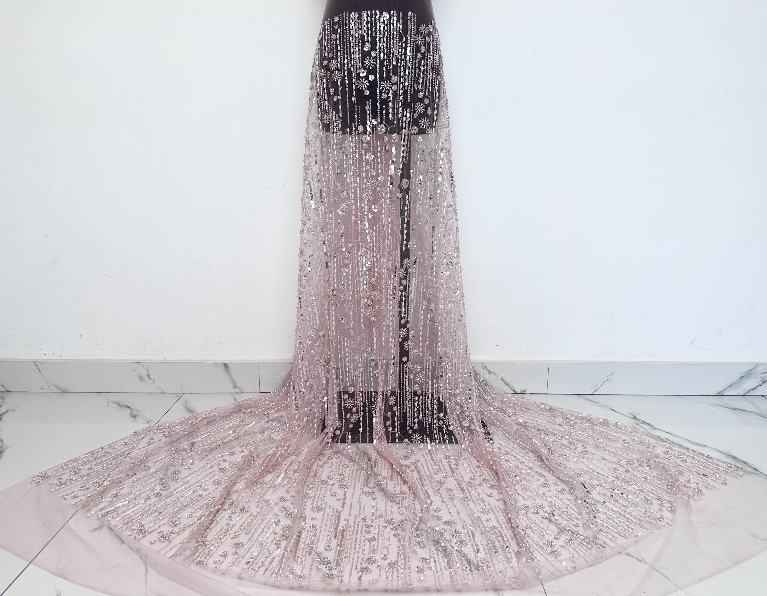 Pink Flower Tulle Fabric, Bead Mesh Fabric,Pearl flower mesh fabric,Sequin Lace,Dress Fabric,DIY Clothing Fabric,Mesh Fabric 1 Yard