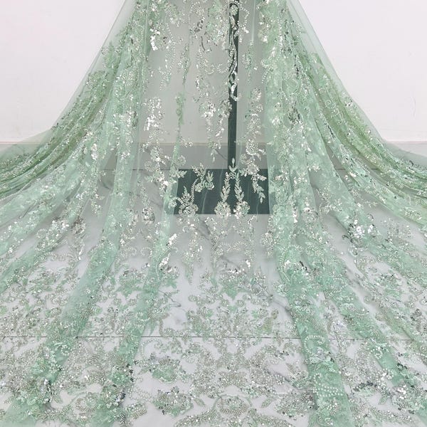 Mint Green Floral Sequin Embroidery Glitter Tulle Mesh Lace,Bead Lace Fabric,Vintage Lace For Bridal Fabric By The Yard