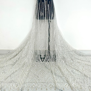 High quality white floral sequin lace fabric, heavy beaded tulle fabric, bridal dress fabric, lace mesh, floral lace
