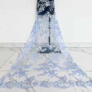 Blue Flower Sequin Lace Fabric,Embroidery Fabric,Beaded Flower Mesh Fabric,Tulle Fabric,Clothing Fabric,Evening Dress Fabric,By Yard
