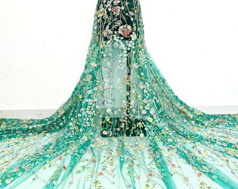 Green embroidered sequin floral fabric, lace mesh, sequin beaded tulle fabric, soft dress fabric, lace fabric