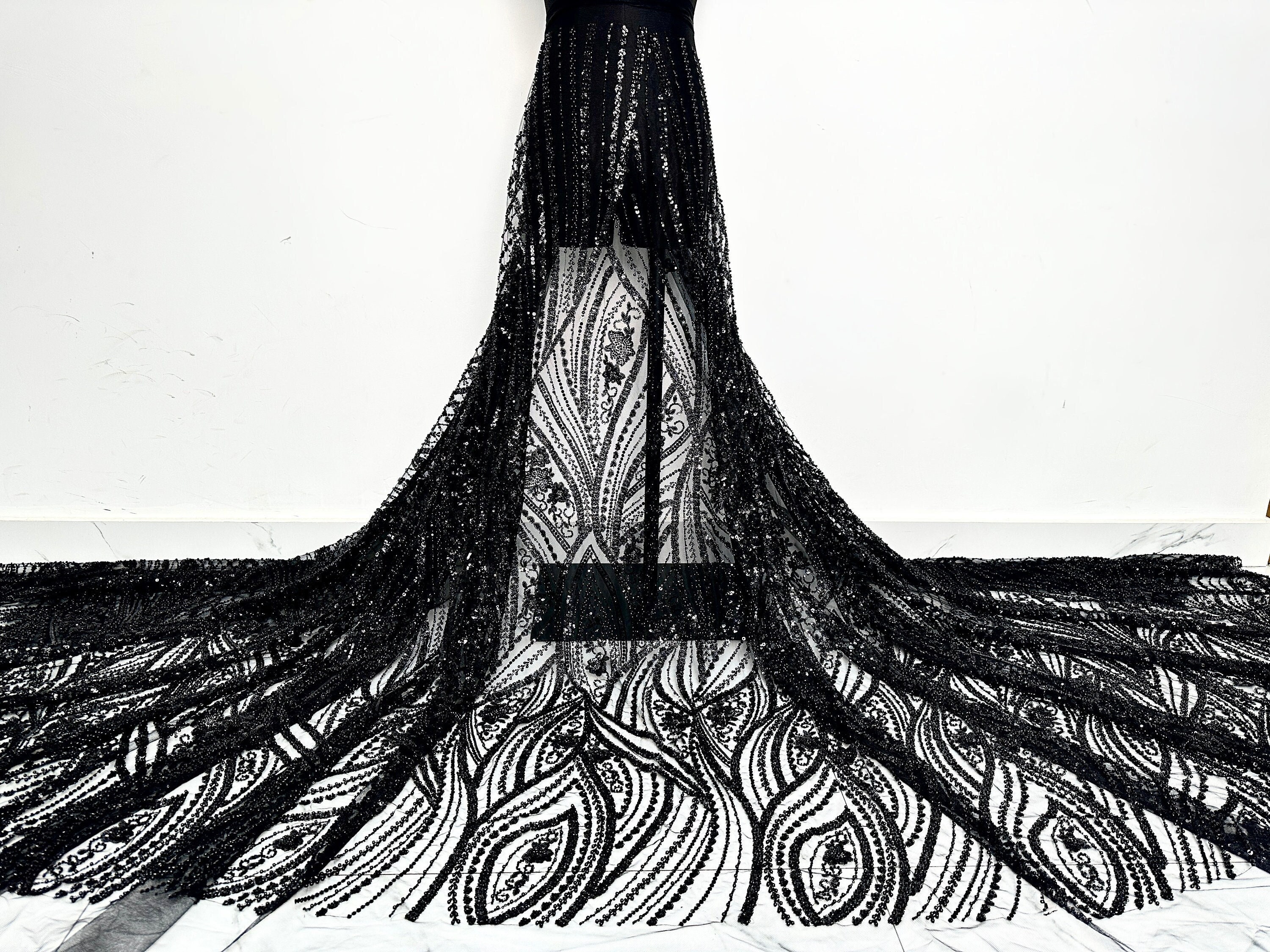 Black heavy beaded lace fabric, lace mesh, floral embroidered tulle fabric, bridal evening dress fabric, fashion clothing fabric