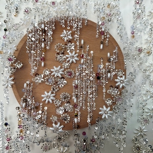 Off-white heavy beaded lace fabric, sequined floral tulle fabric, dress fabric, crystal beaded mesh fabric, designer clothing fabric