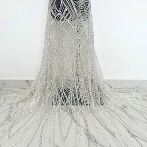 Ivory heavy beaded lace fabric, tulle fabric, heavy beaded tulle lace fabric, fashion designer wedding dress fabric