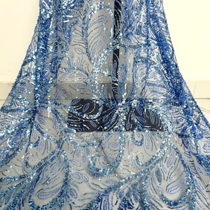 Blue heavy sequin lace fabric,embroidered botanical sequin beaded tulle fabric,mesh,suitable for party wear,designer wear floral beaded lace