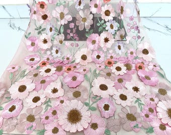 3DFlower Embroidery Lace Fabric,Pink Floral Fabric,Wedding Lace Fabric,DIY Materials,Party Dress Fabric,Bridal Dress,Tulle Fabric