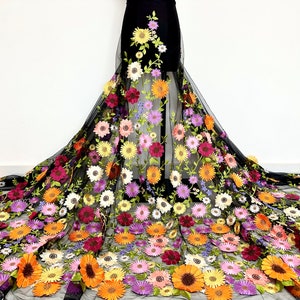 Black mesh bottom 3D colorful flower lace fabric,embroidered tulle fabric,dress fabric,veil fabric,DIY material,mesh fabric
