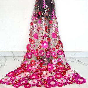 3D Flower Tulle Fabric, Rose Red Embroidered Flower Fabric,Fashion Lace By Yard,Haute Couture Fabric,Floral Lace Fabric