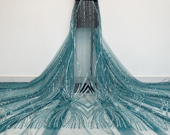 Tela de encaje con cuentas azules pesadas, tela de tul con lentejuelas de moda para vestidos de novia, vestidos de fiesta, diseño de moda, malla, tela de encaje de 1 yarda