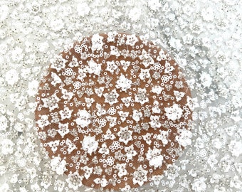 Luxury white tube-beaded tulle fabric,3d sequins flower fabric, Wedding Bridal Evening Dress fabric by yard