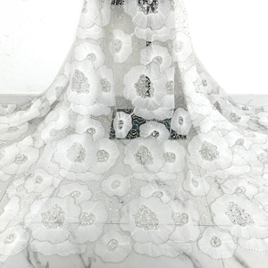 Tessuto di tulle floreale bianco, tessuto di pizzo con paillettes, velo abito da sposa in tessuto a rete glitter, tessuto di pizzo da sposa, tessuto a rete