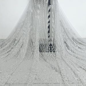 White Beaded Lace Fabric, Bridal Gown Fabric, Clothing Lace, Sequin Fabric, Heavy Beaded Lace, Tulle Fabric, Mesh Fabric 1 Yard